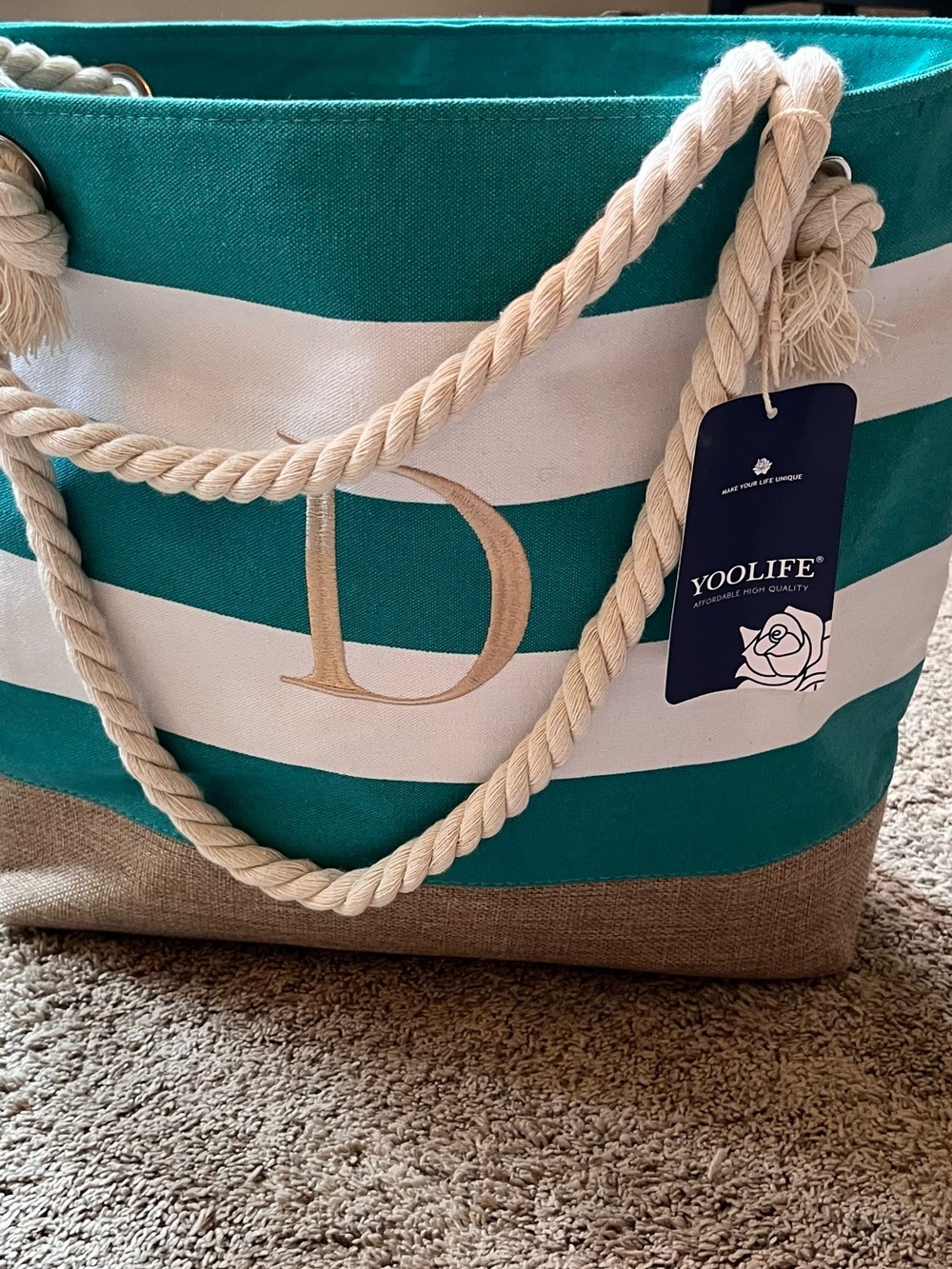 YOOLIFE Teal and White Striped Canvas Tote with Rope Handles NWT monogram D